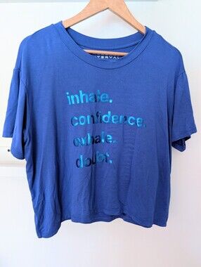 Interval Soft Boxy Cropped Blue Metallic Graphic Tee Women's L Motivation Gym